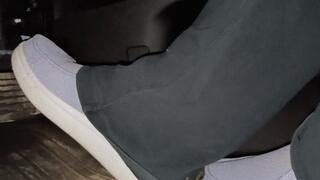 Evalynn driving the loaner in lilac shoes