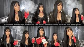 Jet black hair, double pumps, marlboro red 100s, low cut leather top, leather jacket and biker leather gloves!