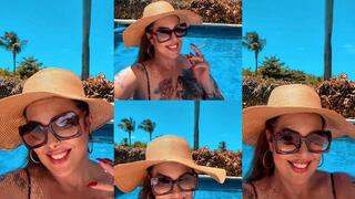 Smoking Simple - BBW Goddess smoking by the pool wearing leopard swimsuit, hat and sunglasses - Dunhill Menthol 100