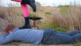 Outdoor boot trampling , amateur femdom feet