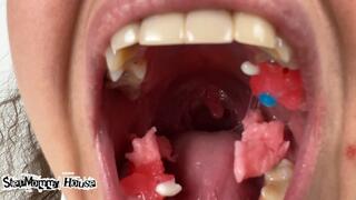 Chewing Sweet Food with Mouth Wide Open - Abundant Saliva Secretion, Loudly Slurp into the Microphone Asmr, Gummy Servants Swallowed, Curly Brunette Goddess, Giantess a Long Tongue, White Female Teeth