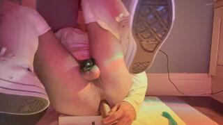 Femboy solo toying my ass with dildos in chastity - wearing converse sneakers