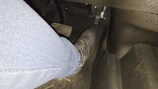 Evalynn Revving the Loaner Truck Hard in Grey Booties