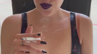 Goddess D Smoking in Tight Skull Tank Top with Dark Purple Lipstick and Glasses on