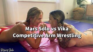 COMPETITIVE ARM WRESTLING: MARS SOLO VS VIKA - oil, topless, micro bikini, pigtails, biceps, strong women, muscular women, girl girl, blonde, fake tits, fetish