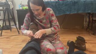 Girl sniffs old man feet shoes socks then sucks and rides his cock