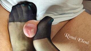 Pantyhose Footjob with Reinforced Toes and Blue Pedicure (Big Cumshot on Toes)