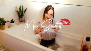 Scarlett's bath time in silver satin blouse and leather skirt (WAM)