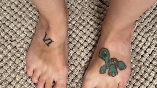 Barefoot Rinse After Play — I wash lube off my tiny tattooed feet, scrub between toes, show off my soft soles & black polish under a steamy shower stream.