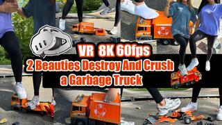 VR 3D 8K 180 60 fps | A large garbage truck hits two girls - the girls crush and destroy the garbage truck to pieces with their sneakers, socks, and bare feet.