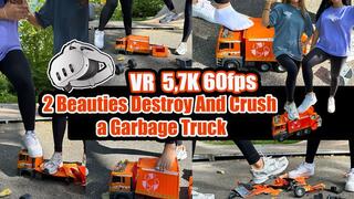 VR 3D 5,7K 180 60 fps | A large garbage truck hits two girls - the girls crush and destroy the garbage truck to pieces with their sneakers, socks, and bare feet.