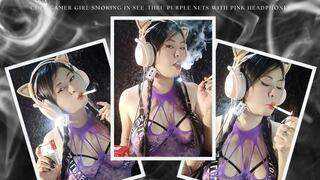 Happy E-Girl Vibes : Cute Gamer Girl Smoking in See-Thru Purple Nets with Pink Headphones