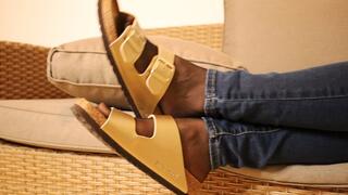 Golden Slides & Sheer Nylon – Slow Dangling in Warm Light