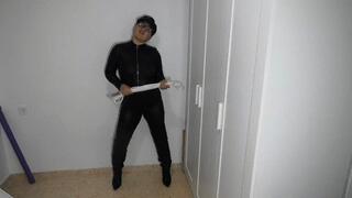 Slave cums on leather pants a