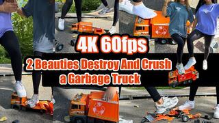 4k 60 fps | A large garbage truck hits two girls - the girls crush and destroy the garbage truck to pieces with their sneakers, socks, and bare feet.