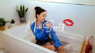 Scarlett's bath time in light blue satin blouse and leather skirt (WAM)