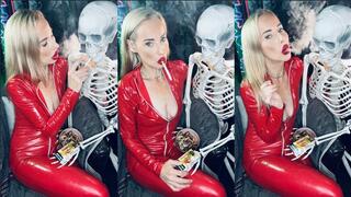 Your Goddess Chain smokes marlboro 100 in catsuit