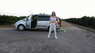 Drive a car in white clothes and white sneakers ORDER a