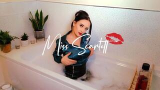 Scarlett's bath time in SEXY SATIN teal blouse and leather skirt (WAM)