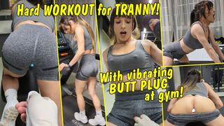 Hard workout for tranny girl! With vibrating butt plug at the gym! FULL CLIP