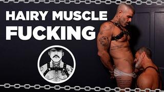 HAIRY MUSCLE FUCKING - TATTOOED MAN - HARNESS - SLING - DUNGEON - MATURE MEN