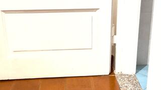 Dasha is cleaning dirty floor on her hands and on her keens she is wearing a pair of black stiletto sandals, a sexy mini dress and a thong