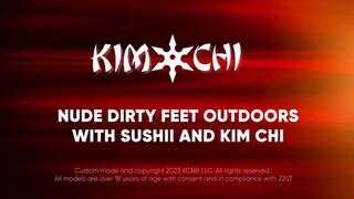 Nude Dirty Feet Outdoors with Sushi and Kim chi