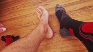 Man's socks, barefoot