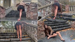 She twisted her ankle and is dragging her leg along the steps (custom video)