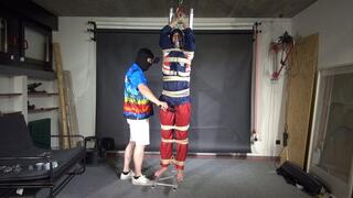 Myxxxy bound, gagged and suspended in shiny nylon Rainwear