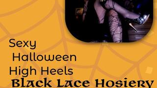 Haunted sexy black Halloween Heels and black lace hosiery on voluptuous Samantha38g