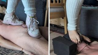 Slave suffering under my pink Buffalos and long sweaty feet