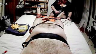 Feet tickle torment on naked bound man -headboard cam-BBW domination,BBW Bondage,man in bondage,male bondage,amateur,feet tickling,naked man tied up,bound and gagged man,claws,toothbrush,backboard,strapped down,