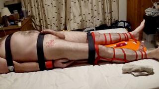 Feet tickle torment on naked bound man -side cam-BBW domination,BBW Bondage,man in bondage,male bondage,amateur,feet tickling,naked man tied up,bound and gagged man,claws,toothbrush,backboard,strapped down,