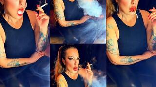 Powerful Smoke - Stepmother in leather, high heels and a ponytail, blowing smoke in your face - Newport Menthol