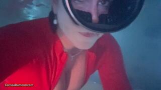 Carissa in the red catsuit, bouncing her boobs and masturbating in the hot tub