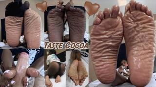 Taste Cocoa gets a huge warm load on her wrinkled soles!