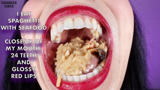 I EAT SPAGHETTI WITH SEAFOOD - CLOSE-UP OF MY MOUTH, 24 TEETH AND GLOSSY RED LIPS