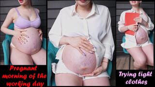 Pregnant morning of the working day. 9 month pregnant