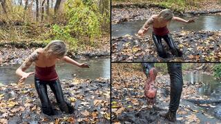 Anastasia gets stuck, loses her boots in the mud and walking barefoot