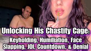 Eva Nova Unlocking His Chastity Cage: Keyholding, Face Slapping, Humiliation, Countdown and Denial