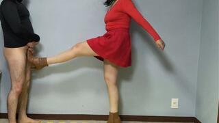 650 Red Domme Kicks Hard: Amateur Ballbusting with Brown Boots