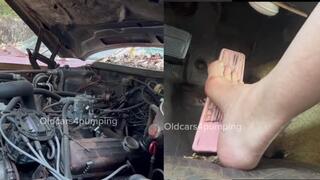 Barefoot action on the Buicks big gas pedal! REVVING HARD!