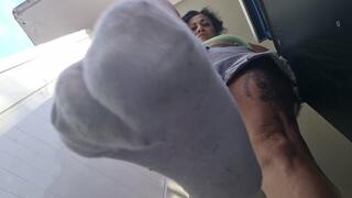 4k Saturday SockPlay Giantess towers over you in Sweaty White Short Socks and jean shorts Sitting on you and putting her sweaty dirty smelly socks in your face