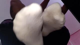 Sweaty sock play Saturday tiny and under giantess Latina milf sweaty socks as she Wiggles her toes and works from home she hasn't changed her socks all week and they're super sweaty and dirty and smelly you hide under her chair to spy on her feet and to s