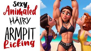 Fit muscular body builder animated woman with bushy hairy armpits gets her pits licked and smelled by kinky girls