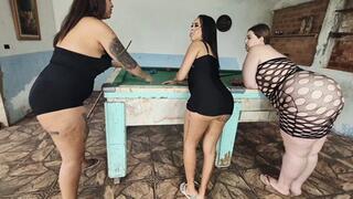 Super triple fart on our losing slave at billiards!! By Britney Hunter, Bella Cruel, Babi Ventura and Monique