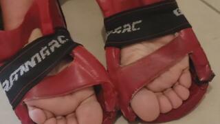 Sneaky watching sensei taking off her footpads