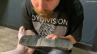 Pathetic slave's eating disgusting street dirt and dust from My summer shoes soles