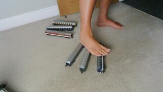 Requested fan clip Nikkichick crushes 6 train coaches in bare feet then heels with painted toe nails toy train crush low right view